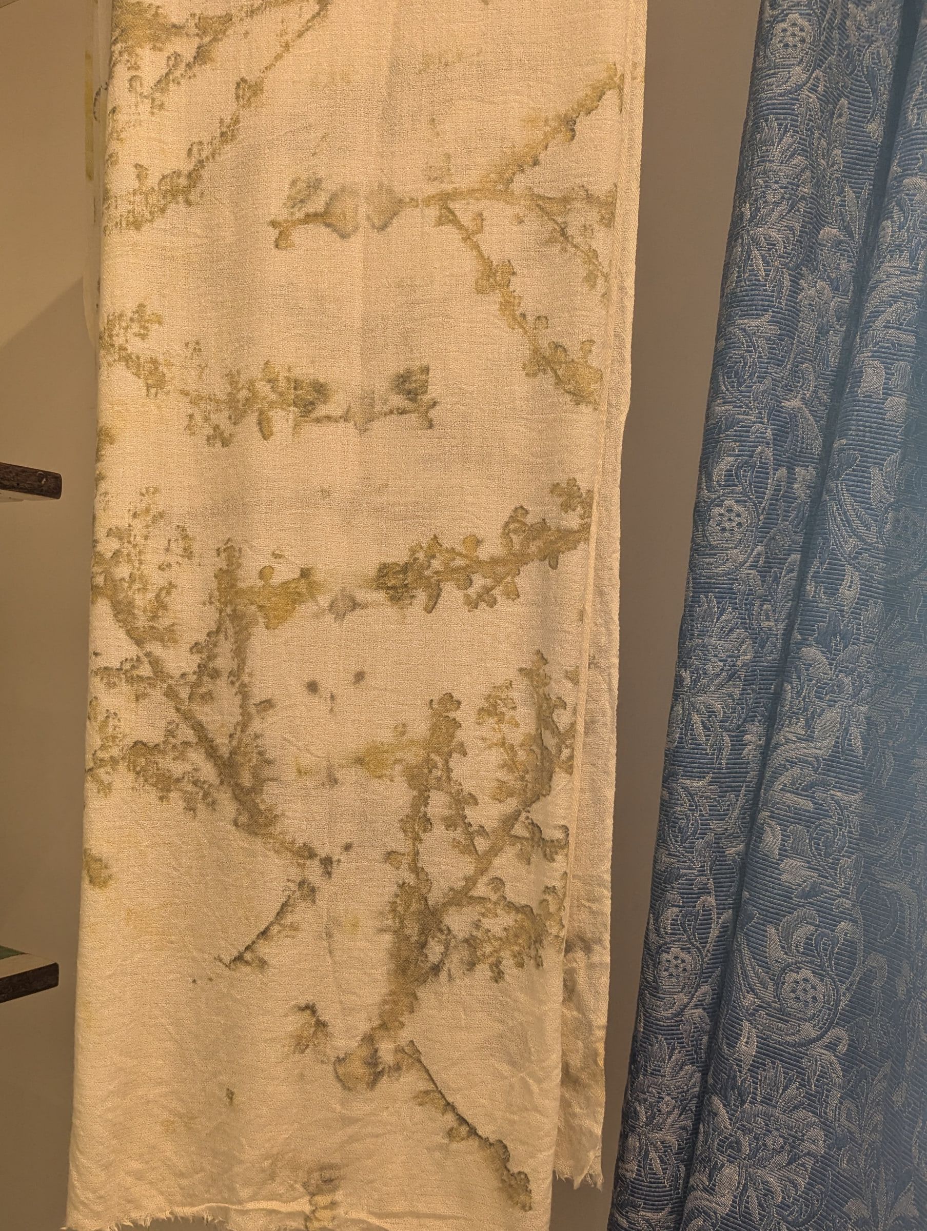 A cream cashmere scarf printed with olive leaves beside a blue damask curtain